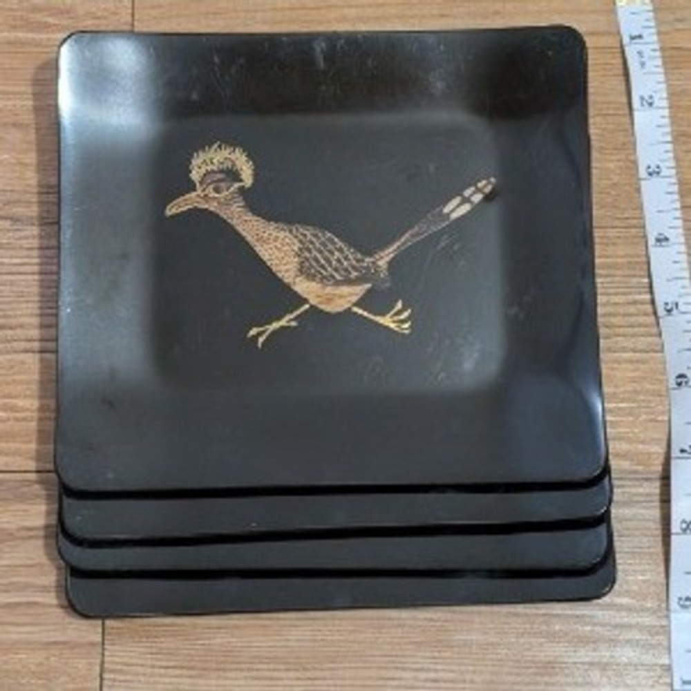 Vintage Couroc of Monterey Roadrunner Inlaid Appetizer Plates Set of 4 Black 6in